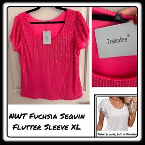 NWT Fuchsia Sequin SPARKLY Party Top XL Flutter Sleeve Scoop Neck